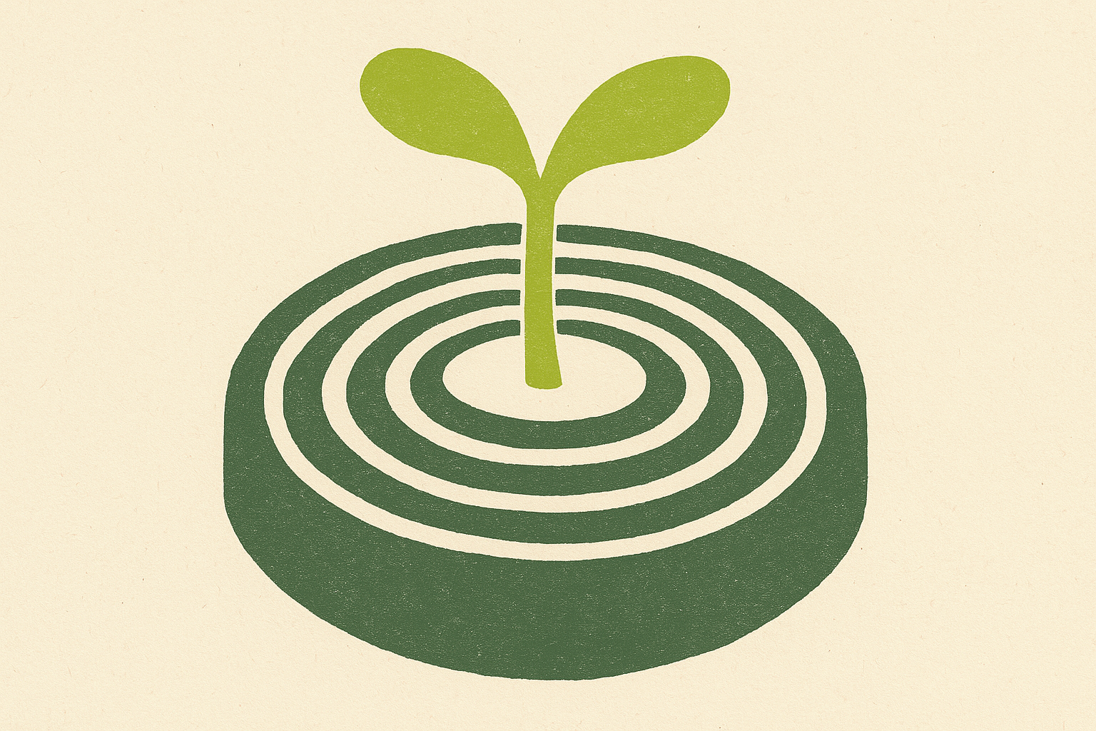 A risograph seedling with growth rings, marking ten years of building.