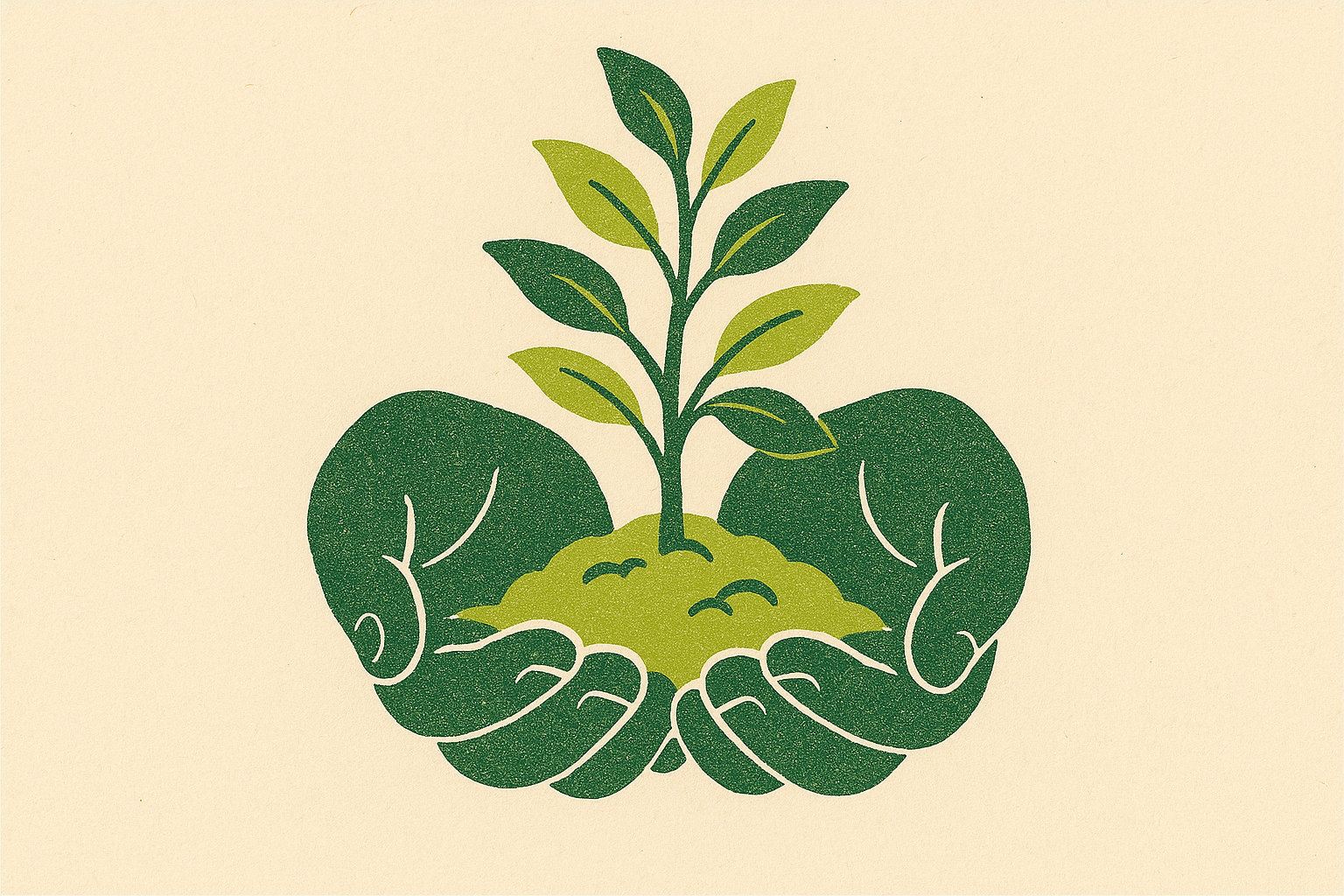 A risograph illustration of hands tending a flourishing young plant.